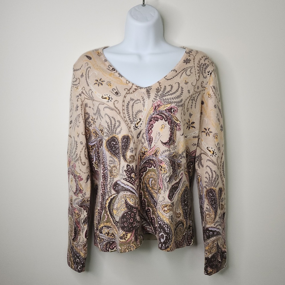 100% Cashmere Whimsigoth Paisley Sweater Womens Medium Cream V Neck Long Sleeve